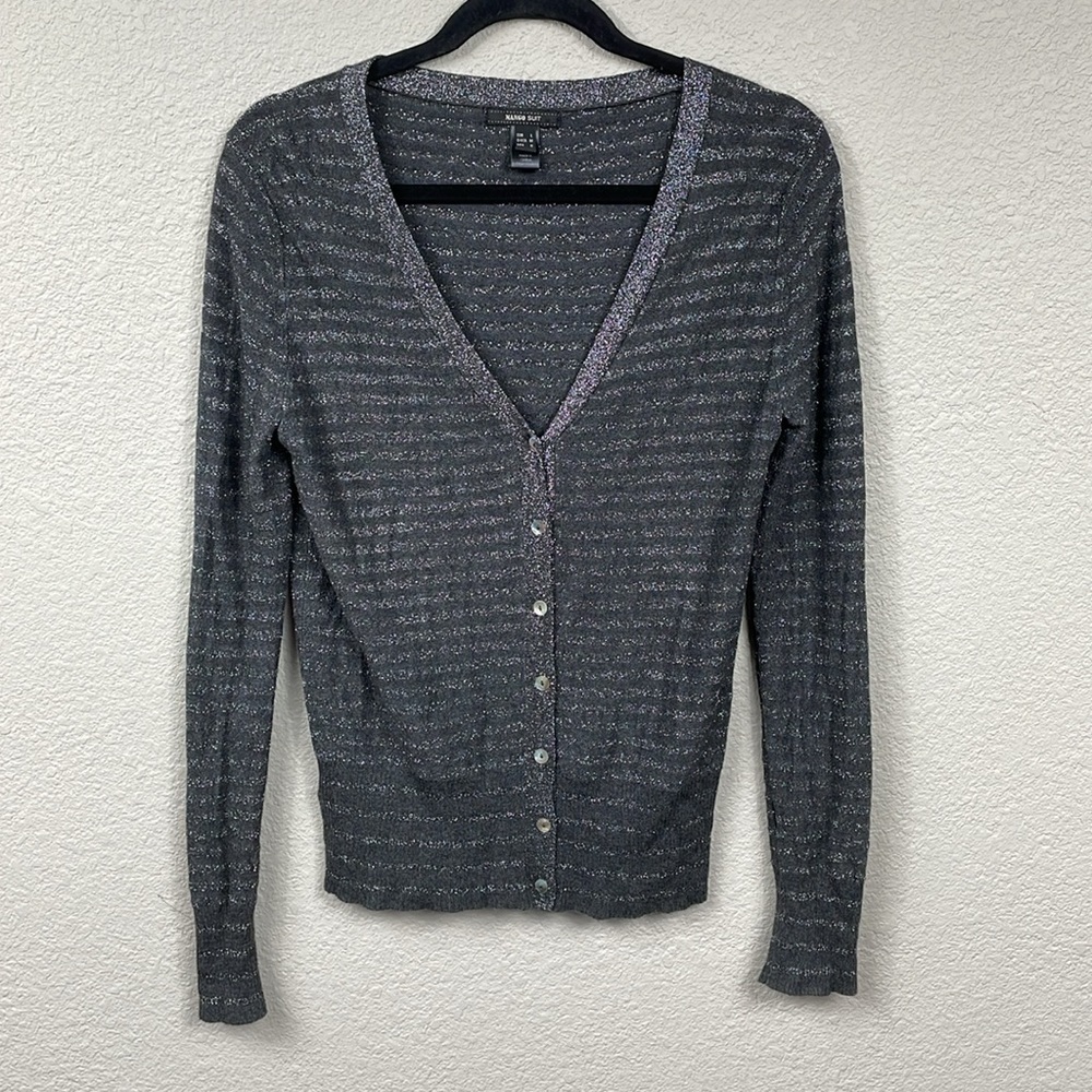 Mango Suit Gray Silver Stripe Sparkle Cardigan Sweater V Neck Sz L